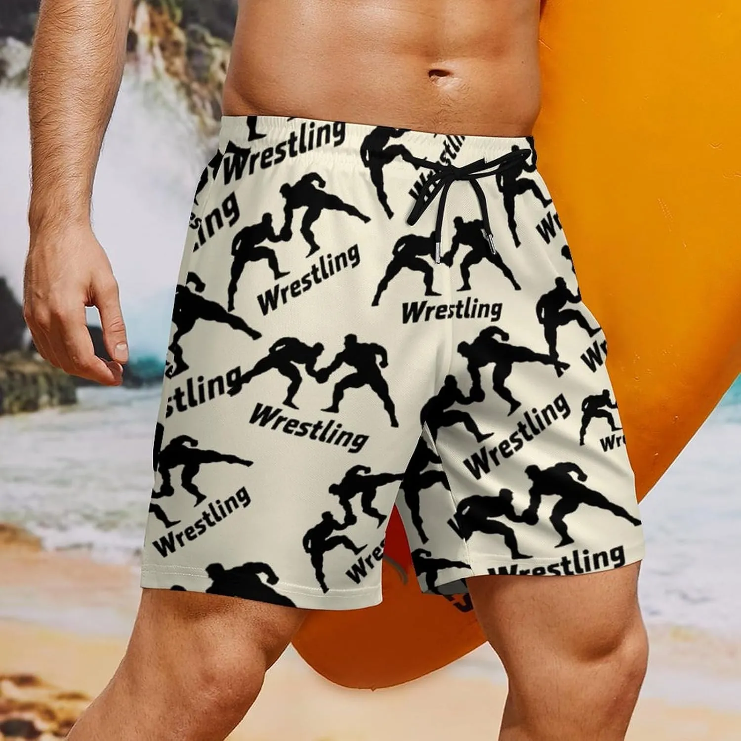 Wrestling Casual Beach Shorts for Men Elastic Waist Drawstring Swim Shorts With Compression Liner