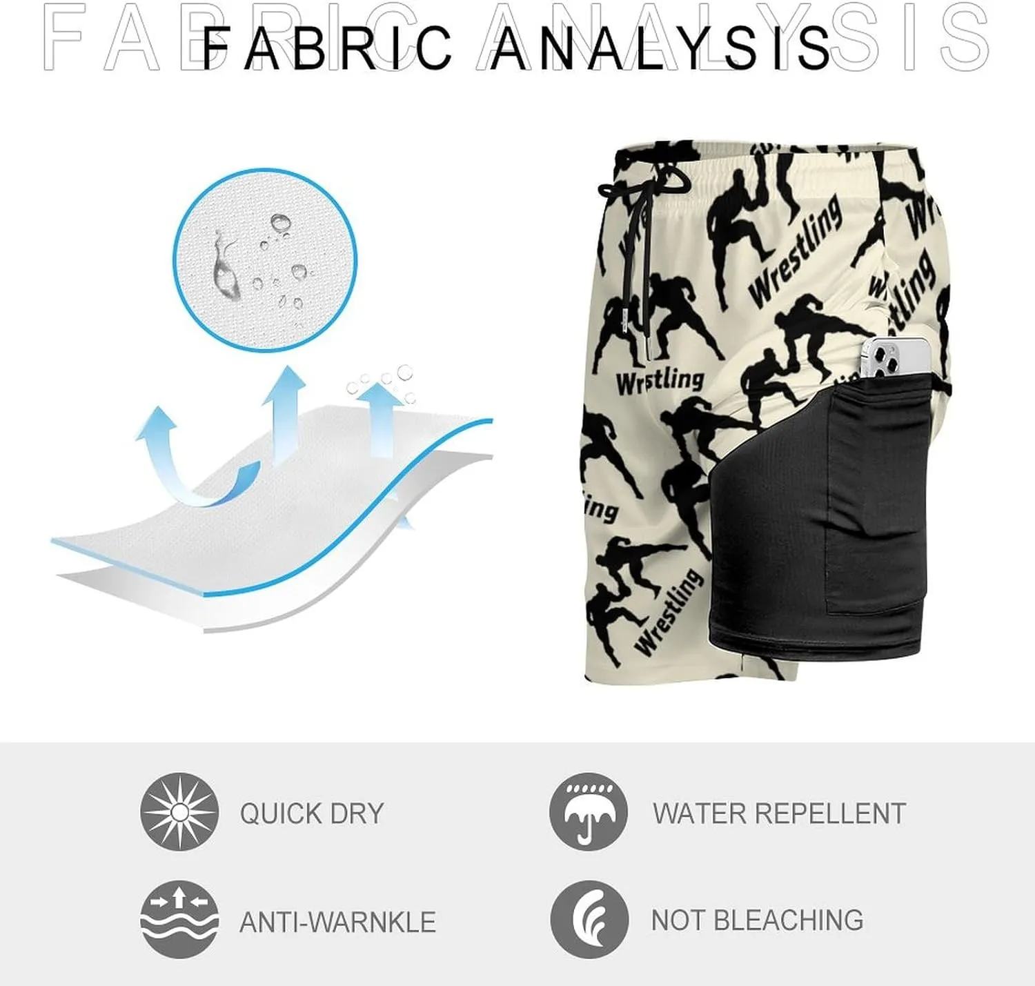 Wrestling Casual Beach Shorts for Men Elastic Waist Drawstring Swim Shorts With Compression Liner