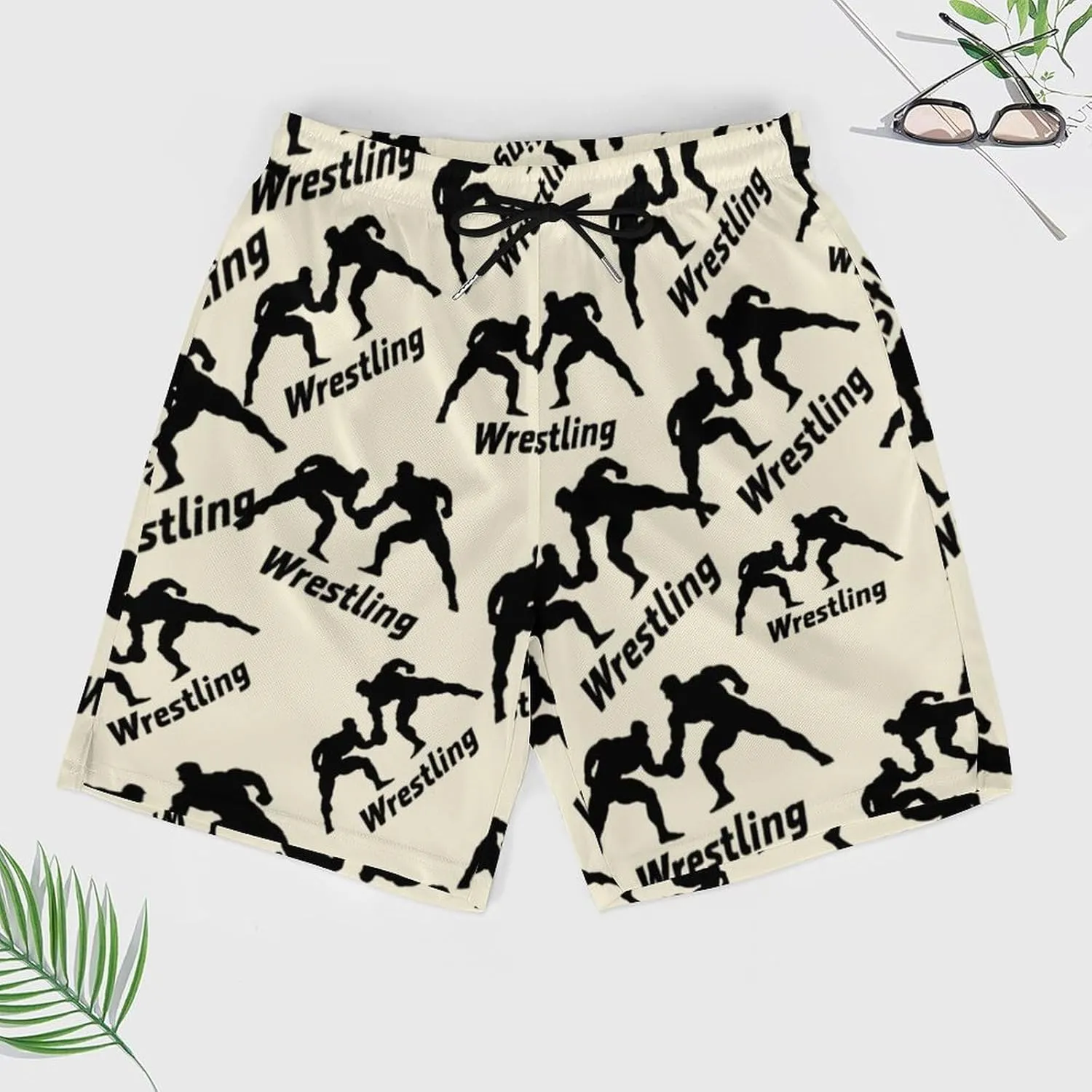 Wrestling Casual Beach Shorts for Men Elastic Waist Drawstring Swim Shorts With Compression Liner