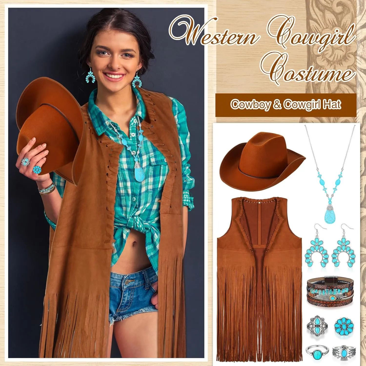 Xtinmee 15 Pcs Western Cowgirl Costume for Women 70s Faux Suede Tassels Fringe Vest Cowboy Hat Turquoise Jewelry Set
