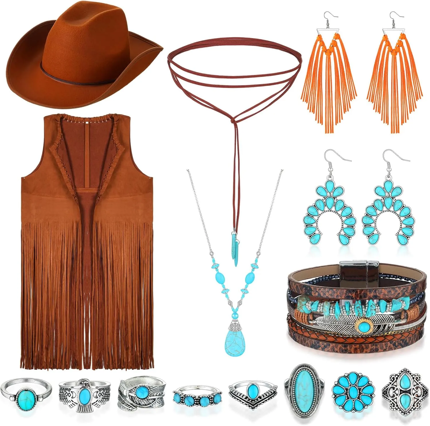 Xtinmee 15 Pcs Western Cowgirl Costume for Women 70s Faux Suede Tassels Fringe Vest Cowboy Hat Turquoise Jewelry Set