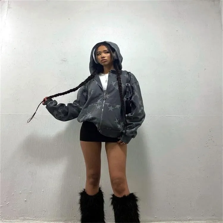 Y2k Fairy Grunge Star Print Hoodies for Women Men Acubi Fashion Long Sleeve Zip Up Jackets Oversized Indie Outwear