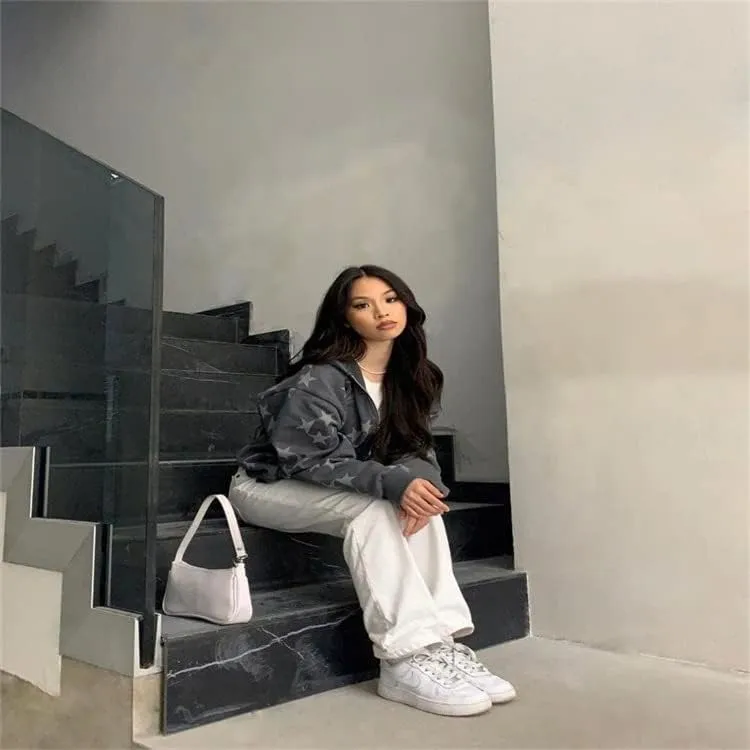 Y2k Fairy Grunge Star Print Hoodies for Women Men Acubi Fashion Long Sleeve Zip Up Jackets Oversized Indie Outwear