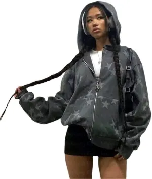 Y2k Fairy Grunge Star Print Hoodies for Women Men Acubi Fashion Long Sleeve Zip Up Jackets Oversized Indie Outwear