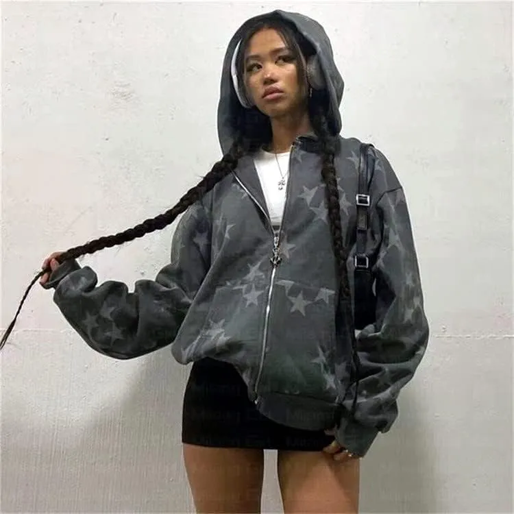 Y2k Fairy Grunge Star Print Hoodies for Women Men Acubi Fashion Long Sleeve Zip Up Jackets Oversized Indie Outwear