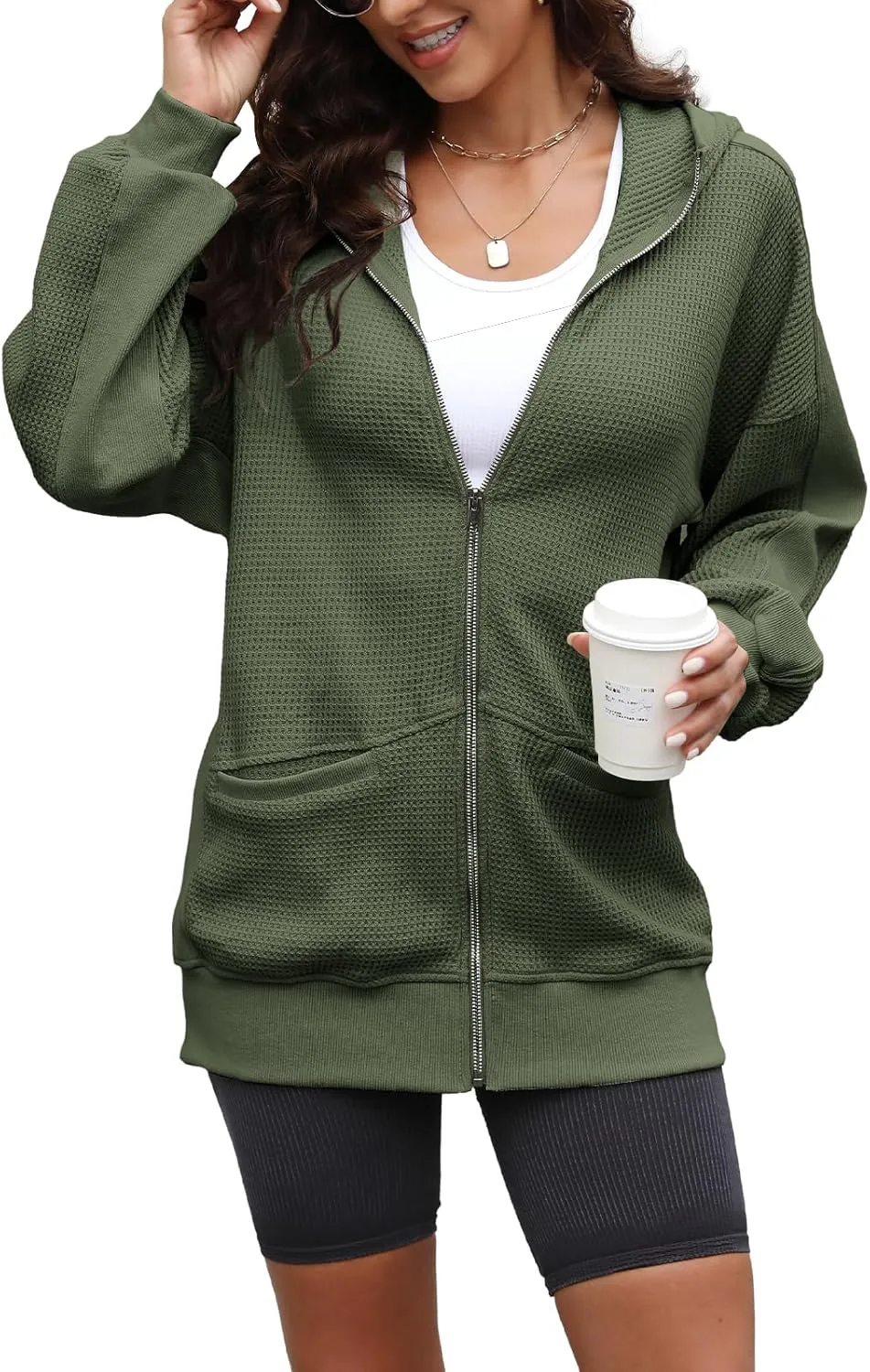 Yanekop Womens Oversized Fall Jackets Zip Up Hoodie Jacket Coat Waffle Knit Shacket Fall Outfits with Pocket