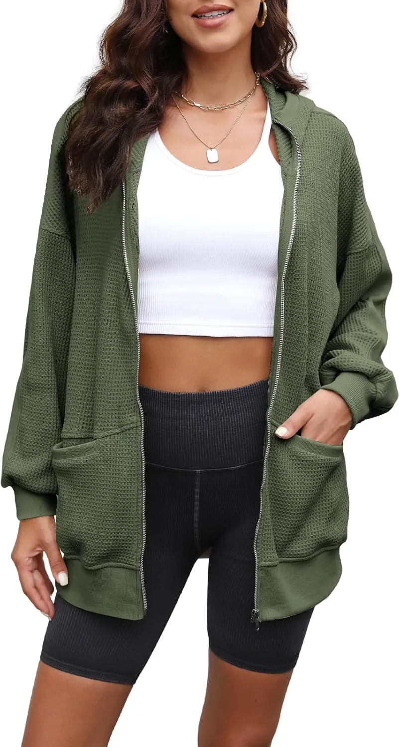 Yanekop Womens Oversized Fall Jackets Zip Up Hoodie Jacket Coat Waffle Knit Shacket Fall Outfits with Pocket
