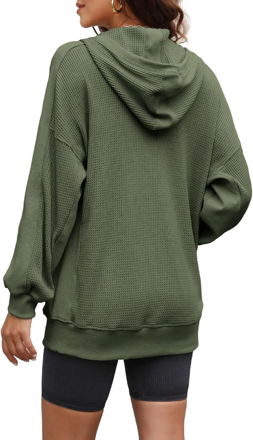 Yanekop Womens Oversized Fall Jackets Zip Up Hoodie Jacket Coat Waffle Knit Shacket Fall Outfits with Pocket