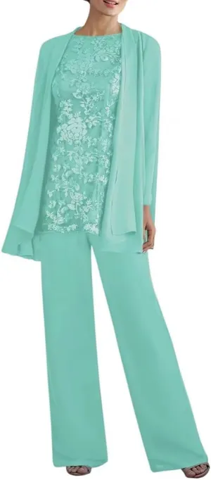 YAUTKA 3 Pieces Pant Suits for Wedding Long Sleeve Lace Chiffon Dressy Formal Outfits for Women 2025 with Jackets