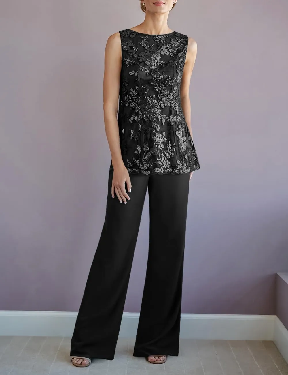YAUTKA 3 Pieces Pant Suits for Wedding Long Sleeve Lace Chiffon Dressy Formal Outfits for Women 2025 with Jackets