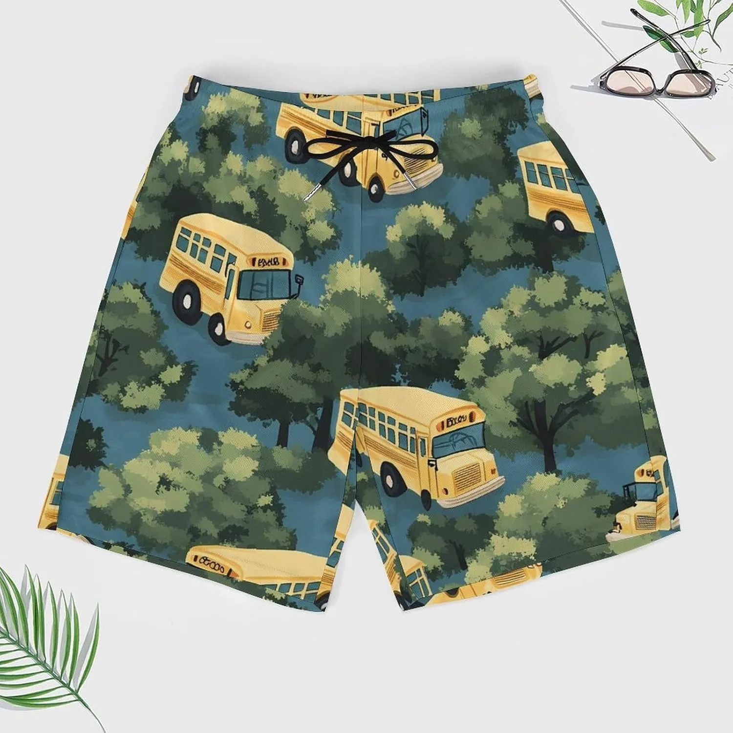 Yellow Buses Hawaiian Casual Beach Shorts for Men Elastic Waist Drawstring Swim Shorts With Compression Liner