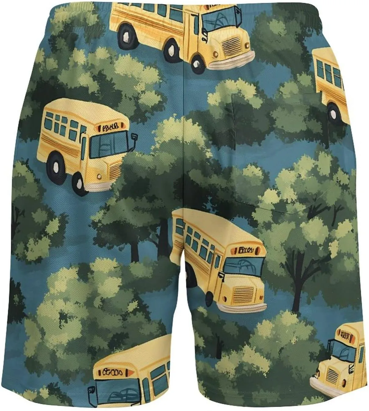 Yellow Buses Hawaiian Casual Beach Shorts for Men Elastic Waist Drawstring Swim Shorts With Compression Liner
