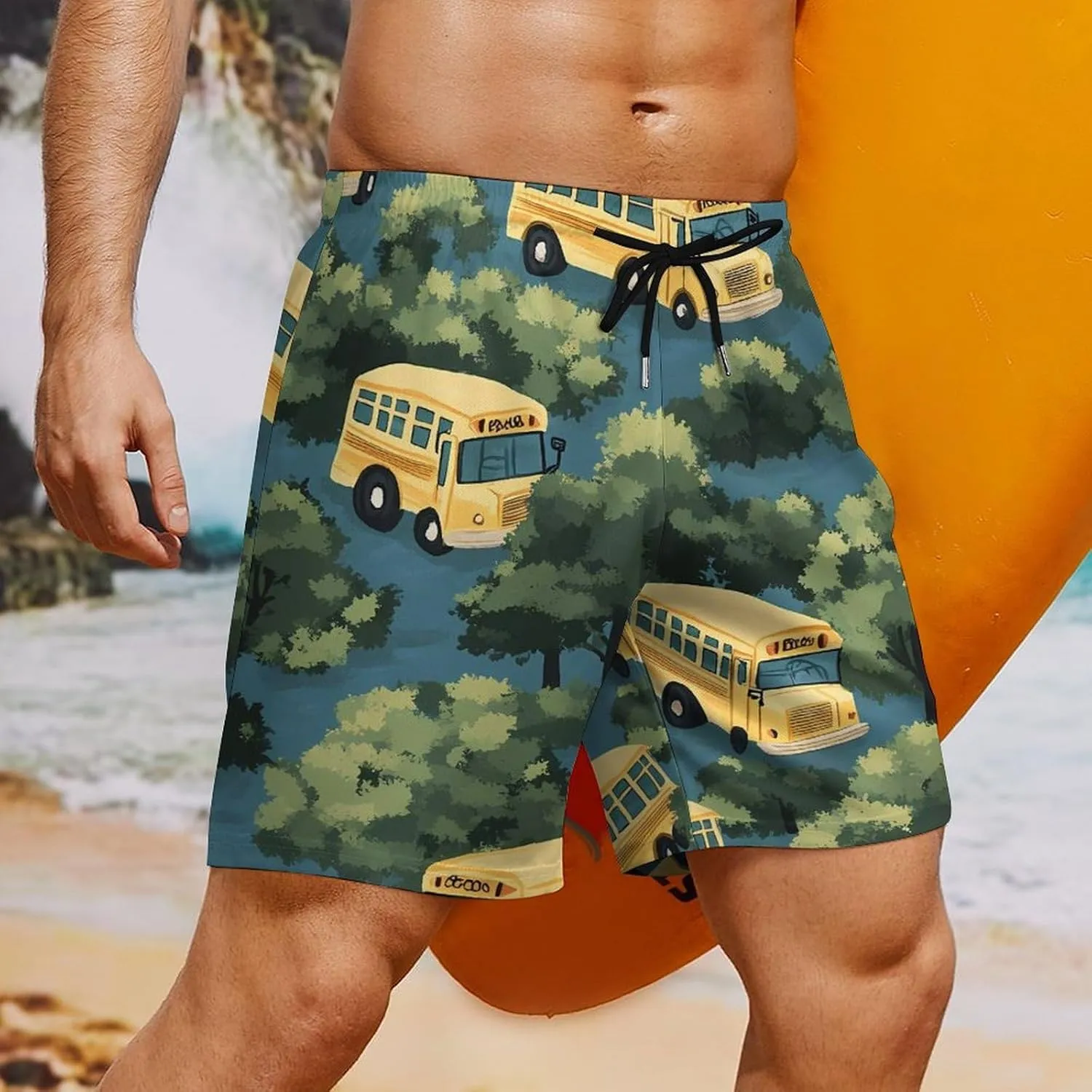 Yellow Buses Hawaiian Casual Beach Shorts for Men Elastic Waist Drawstring Swim Shorts With Compression Liner