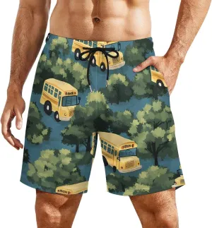 Yellow Buses Hawaiian Casual Beach Shorts for Men Elastic Waist Drawstring Swim Shorts With Compression Liner