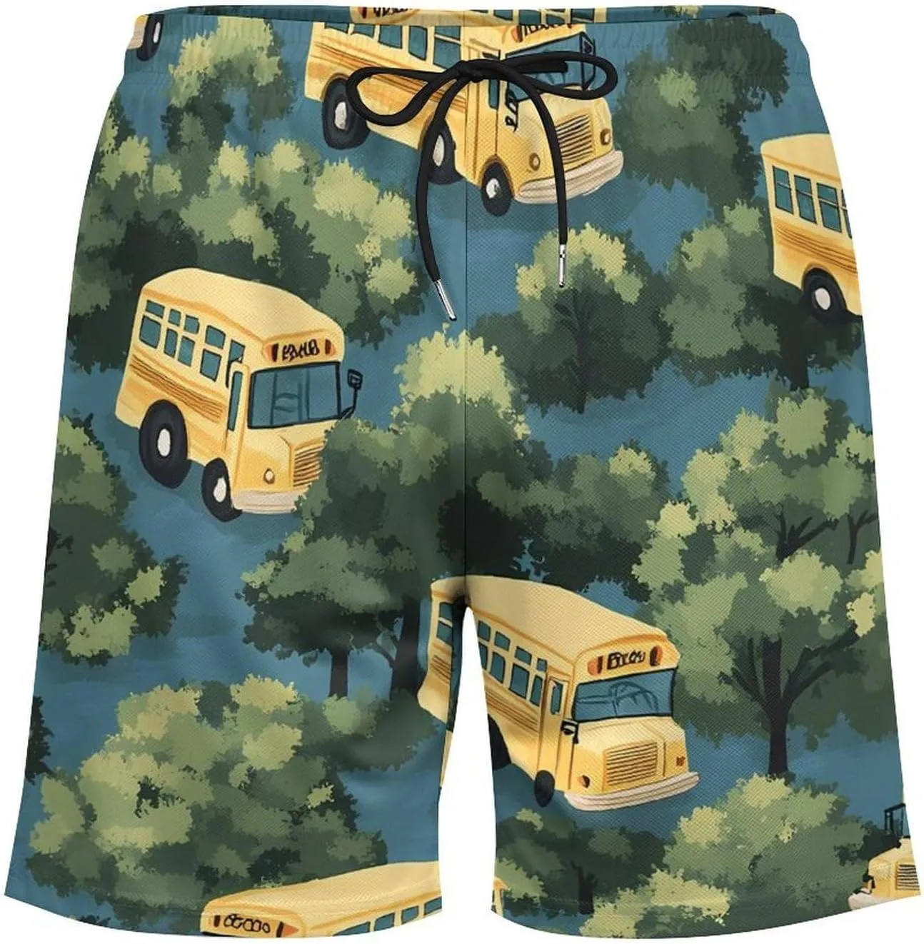 Yellow Buses Hawaiian Casual Beach Shorts for Men Elastic Waist Drawstring Swim Shorts With Compression Liner