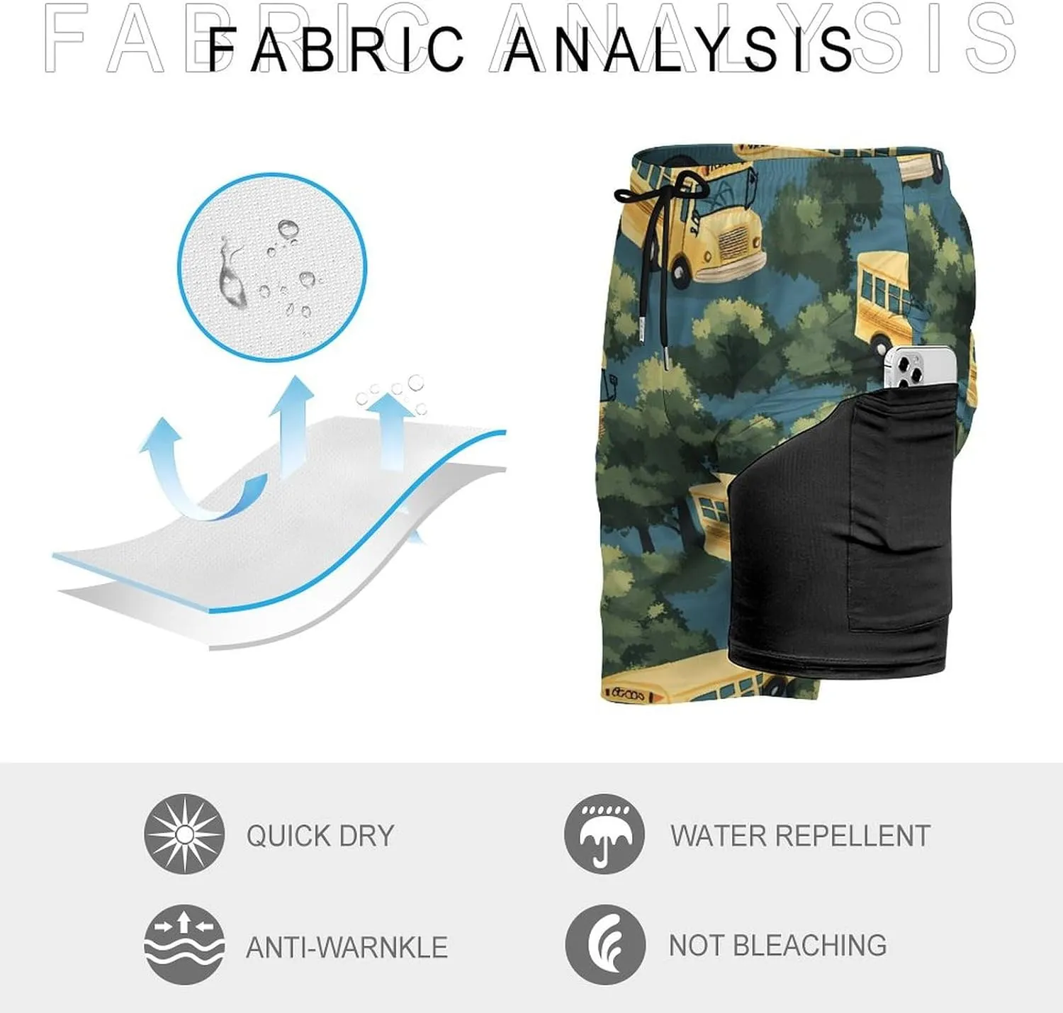 Yellow Buses Hawaiian Casual Beach Shorts for Men Elastic Waist Drawstring Swim Shorts With Compression Liner