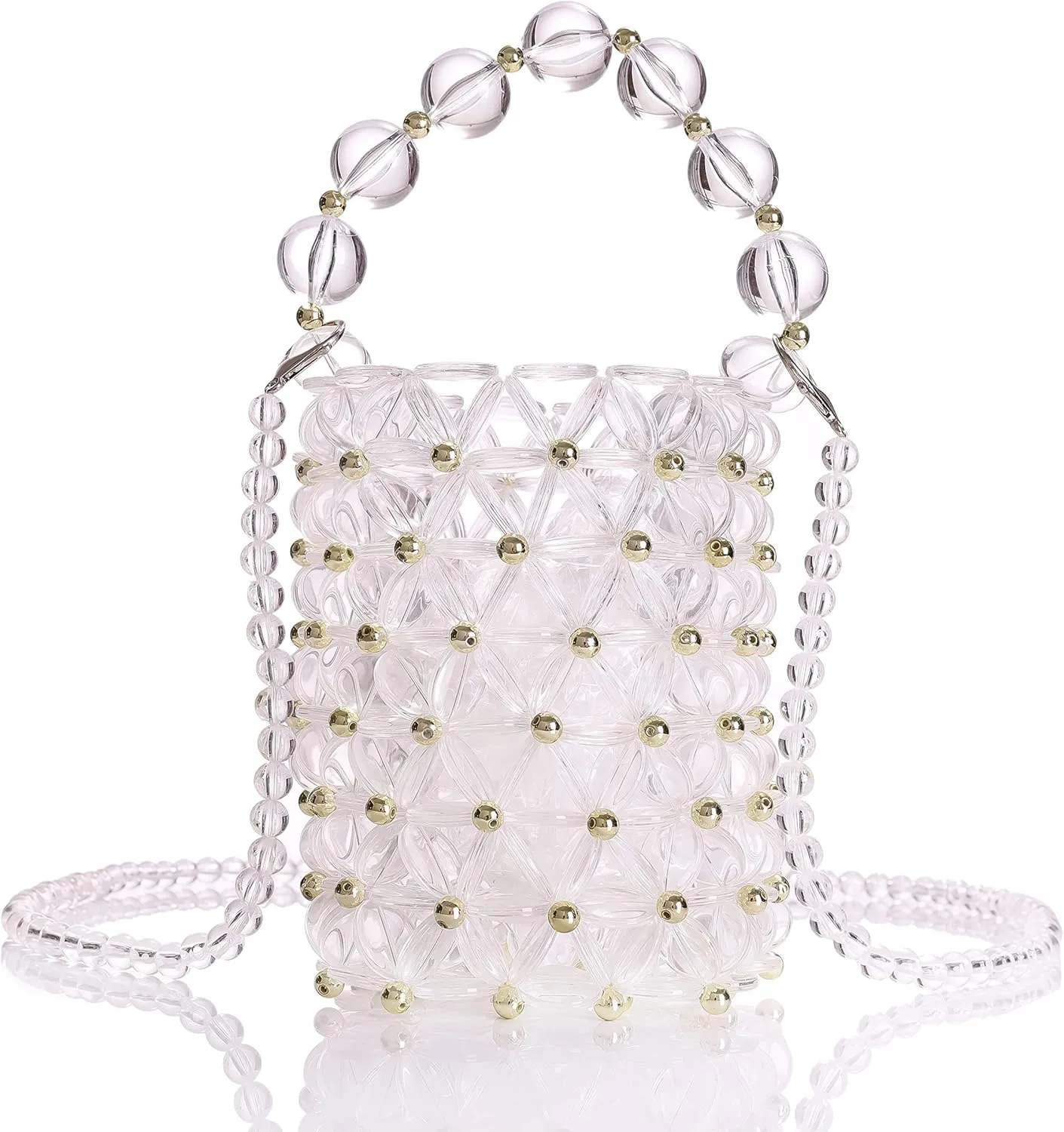 YIFEI Women Transparent Acrylic Beaded Handmade Bucket Bag with Detachable Chain for Wedding Party