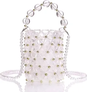 YIFEI Women Transparent Acrylic Beaded Handmade Bucket Bag with Detachable Chain for Wedding Party