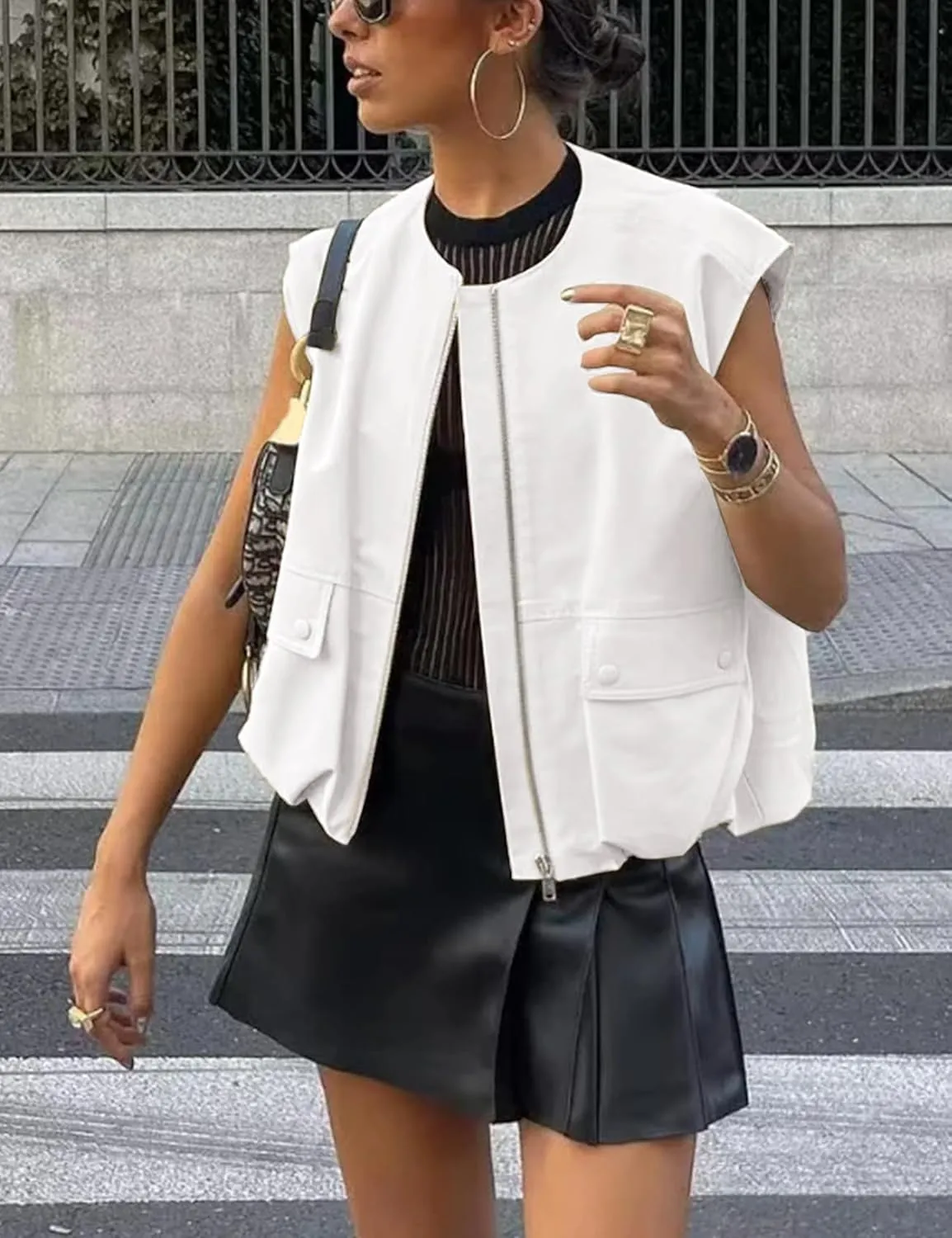 Yimoon Womens Oversized Zip Up Cargo Vest Casual Ruched Hem Sleeveless Blazer Jackets Vest Top with Pockets