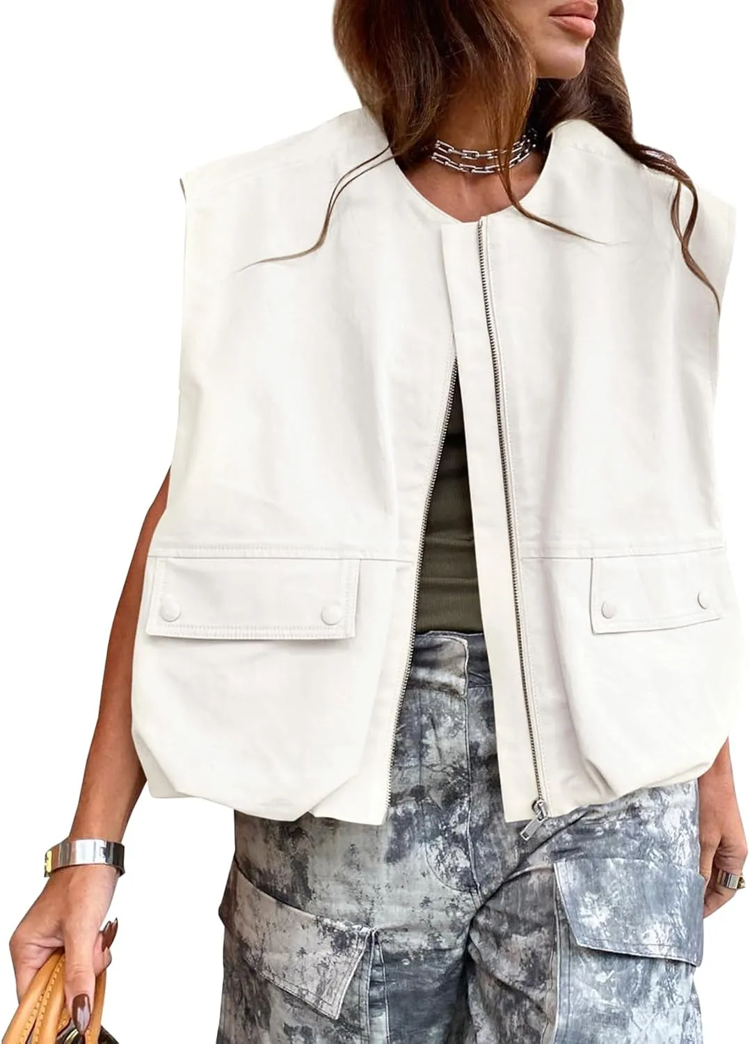 Yimoon Womens Oversized Zip Up Cargo Vest Casual Ruched Hem Sleeveless Blazer Jackets Vest Top with Pockets