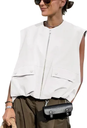 Yimoon Womens Oversized Zip Up Cargo Vest Casual Ruched Hem Sleeveless Blazer Jackets Vest Top with Pockets