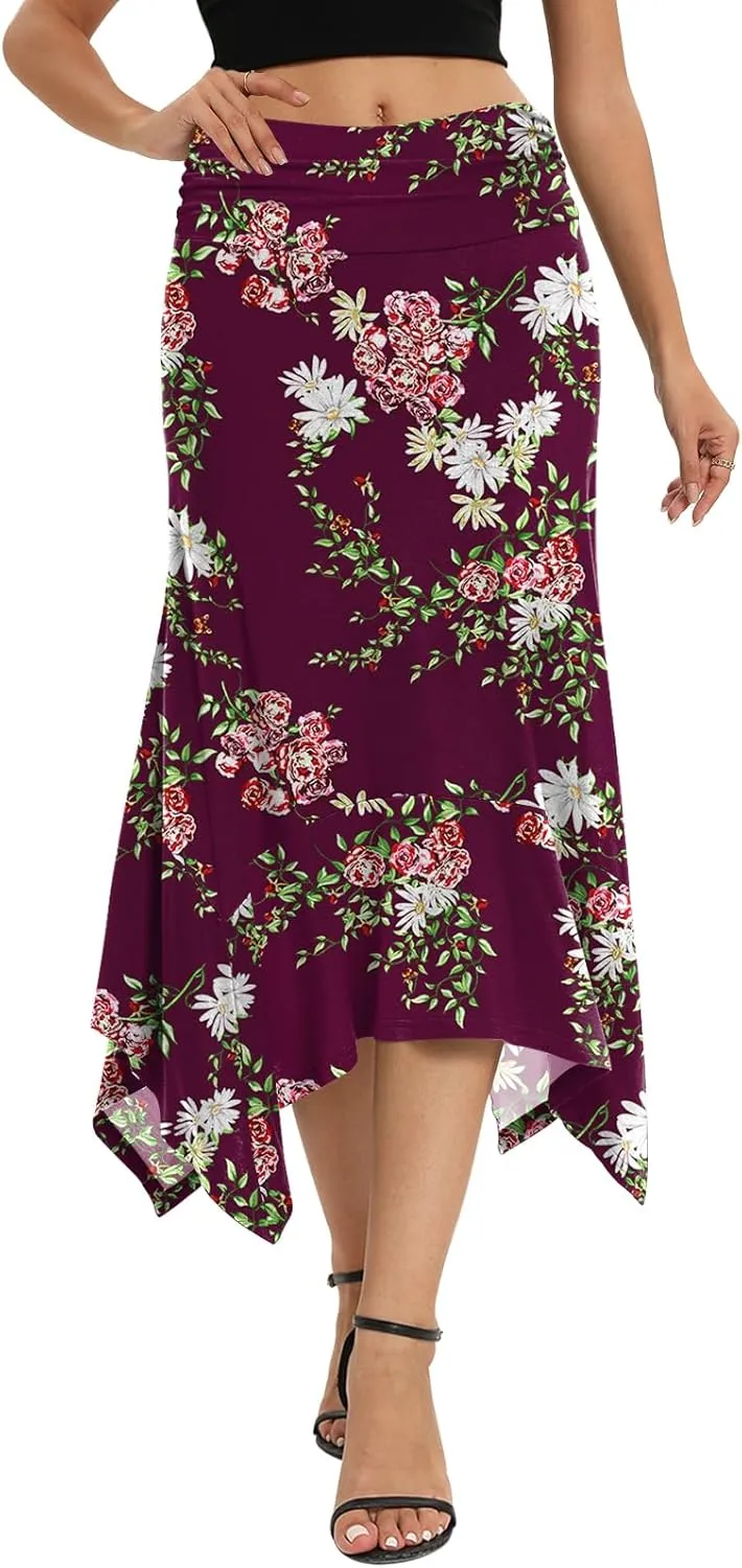 Yincro Women's Summer Flowy Midi Skirt with Handkerchief Hemline