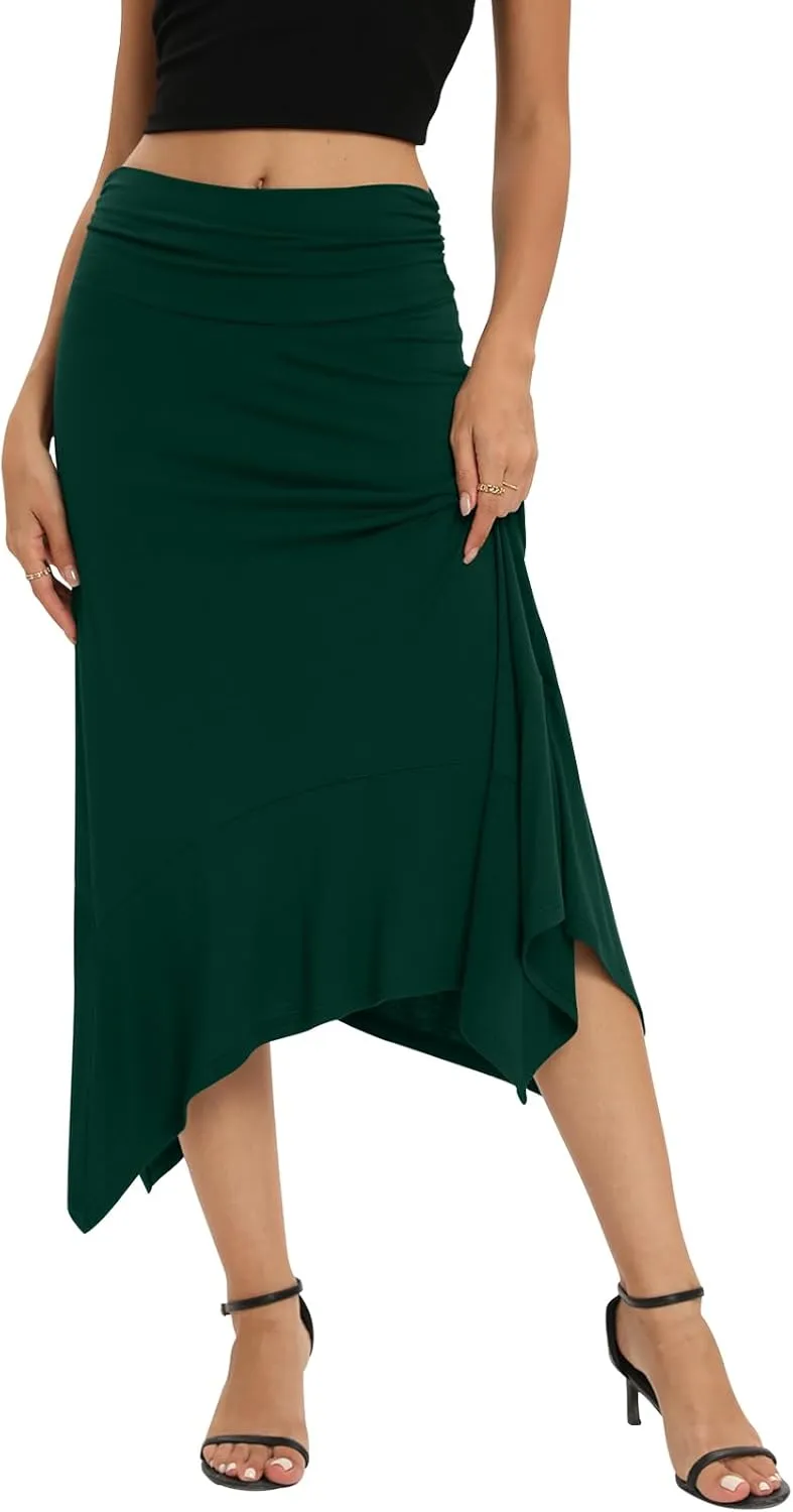 Yincro Women's Summer Flowy Midi Skirt with Handkerchief Hemline