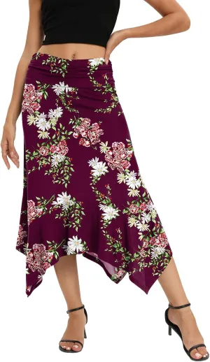 Yincro Women's Summer Flowy Midi Skirt with Handkerchief Hemline