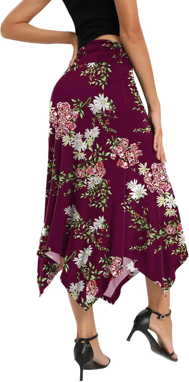 Yincro Women's Summer Flowy Midi Skirt with Handkerchief Hemline