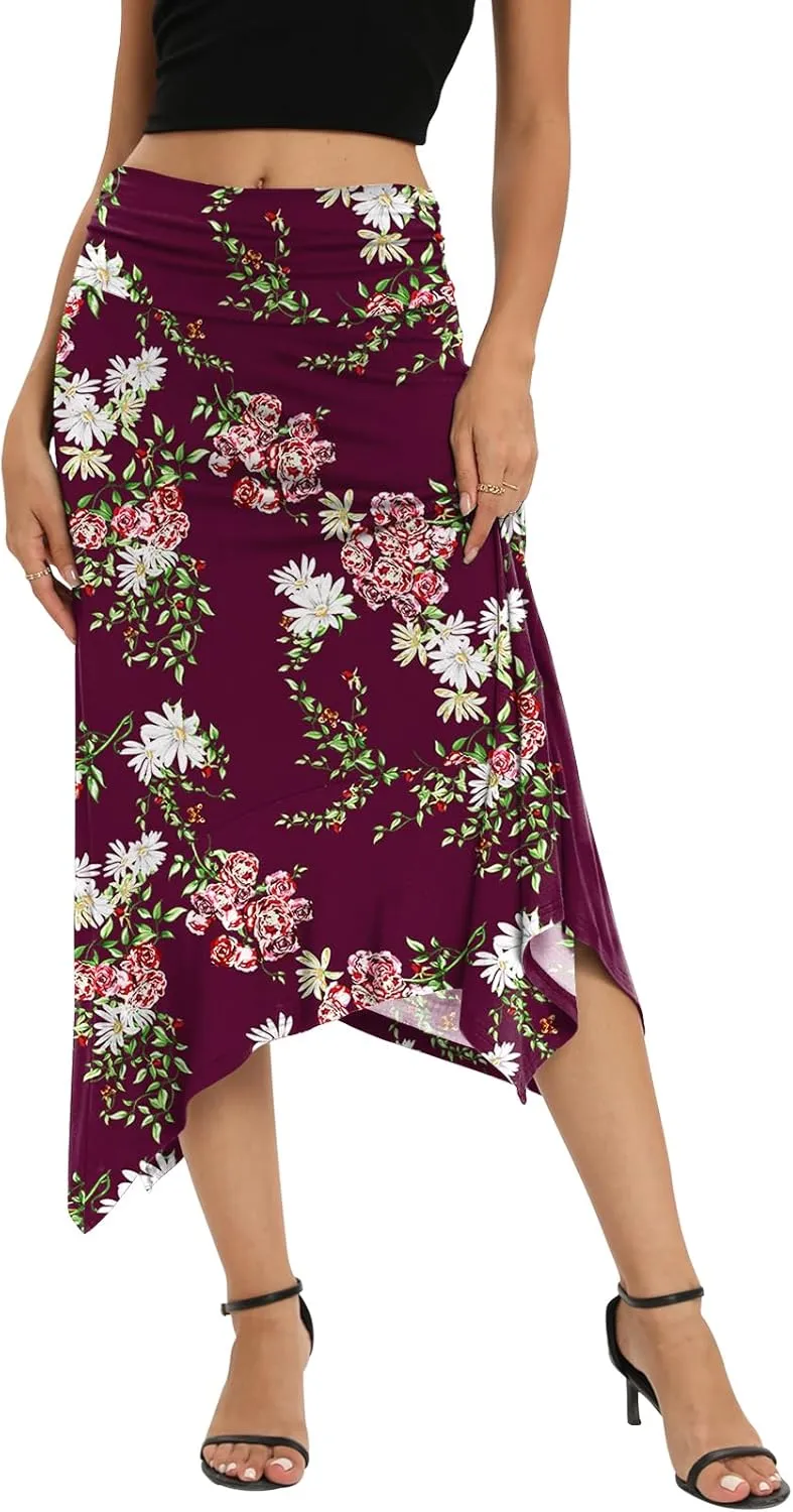 Yincro Women's Summer Flowy Midi Skirt with Handkerchief Hemline