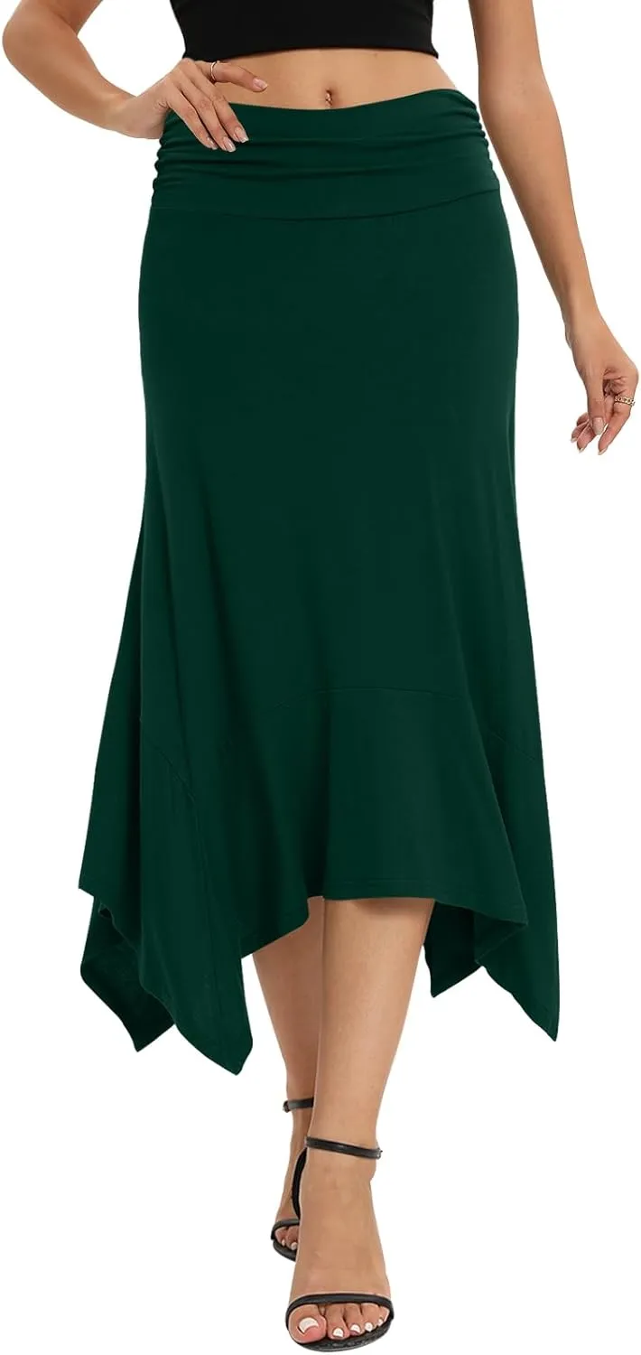 Yincro Women's Summer Flowy Midi Skirt with Handkerchief Hemline