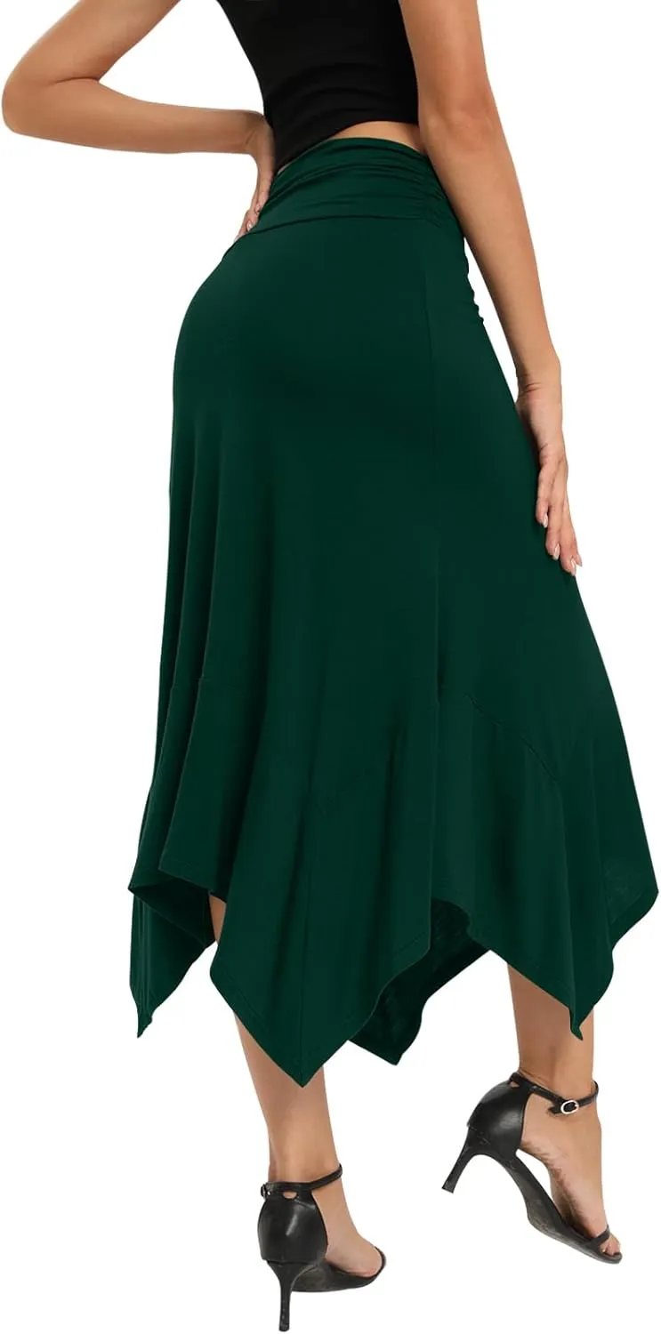 Yincro Women's Summer Flowy Midi Skirt with Handkerchief Hemline