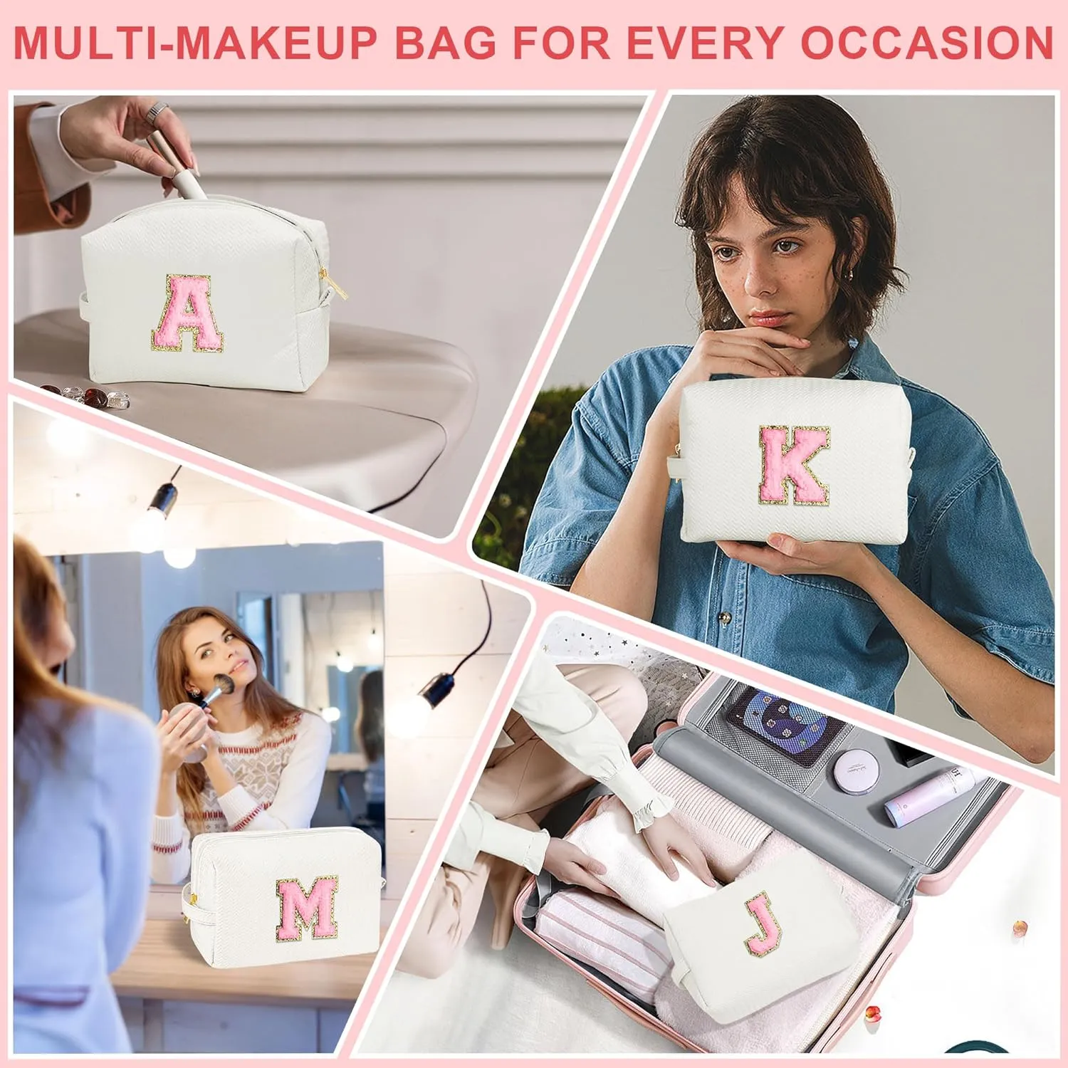 YOOLIFE Best Friend Birthday Gifts for Women Her, Initial G Travel Cute Makeup Bag Large Make Up Bag Cosmetic Bags for Women Stuff Toiletry Bag Personalized Gifts for Teen Girlfriend Mom Sister White