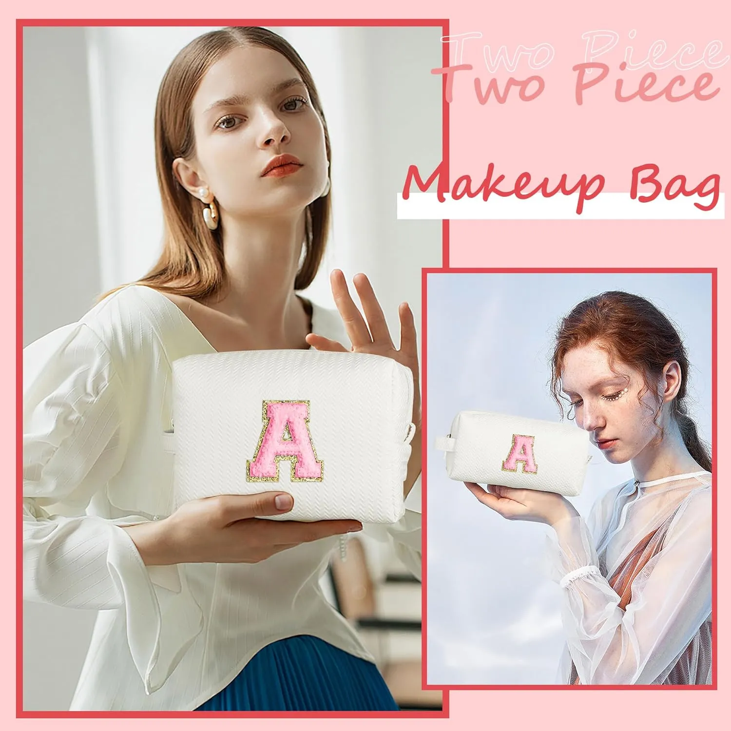 YOOLIFE Best Friend Birthday Gifts for Women Her, Initial G Travel Cute Makeup Bag Large Make Up Bag Cosmetic Bags for Women Stuff Toiletry Bag Personalized Gifts for Teen Girlfriend Mom Sister White