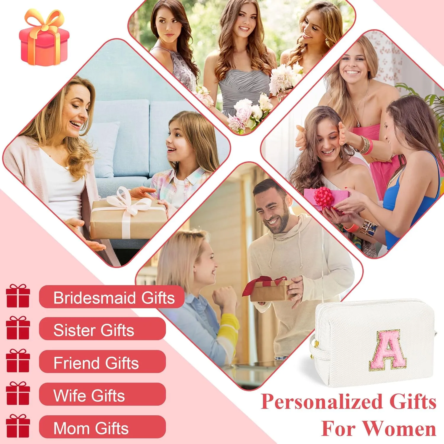 YOOLIFE Best Friend Birthday Gifts for Women Her, Initial G Travel Cute Makeup Bag Large Make Up Bag Cosmetic Bags for Women Stuff Toiletry Bag Personalized Gifts for Teen Girlfriend Mom Sister White