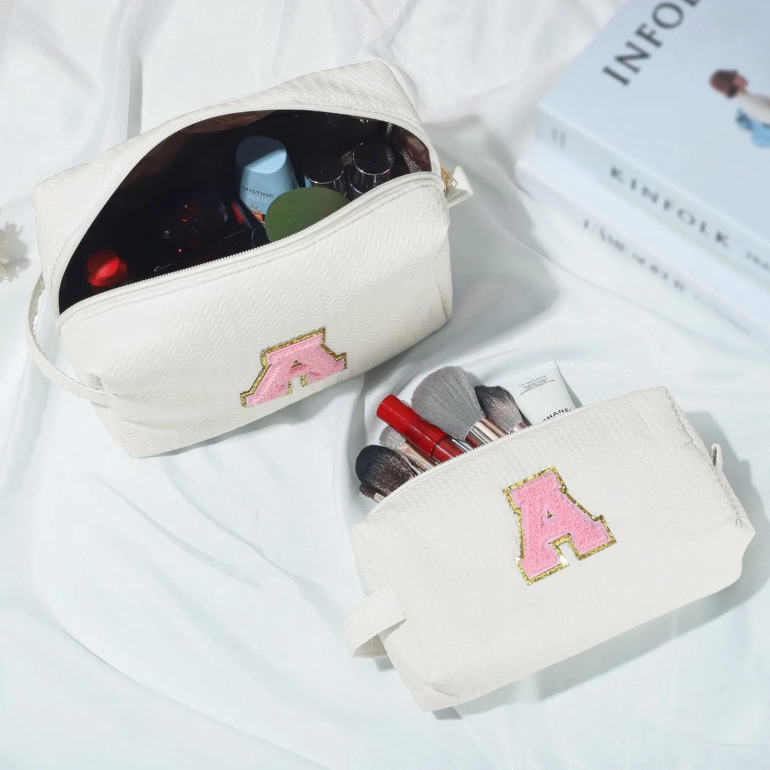 YOOLIFE Best Friend Birthday Gifts for Women Her, Initial G Travel Cute Makeup Bag Large Make Up Bag Cosmetic Bags for Women Stuff Toiletry Bag Personalized Gifts for Teen Girlfriend Mom Sister White