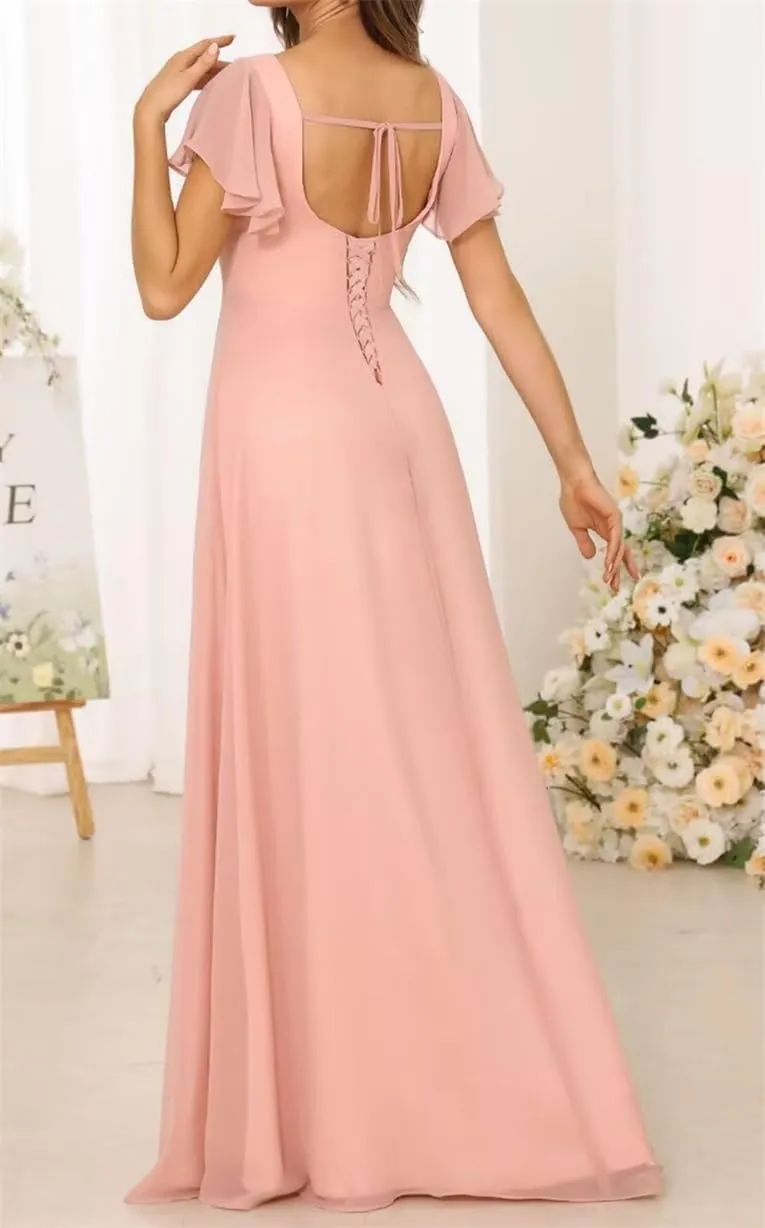 YRGERATON V Neck Chiffon Wedding Bridesmaid Dresses Short Sleeve Formal Evening Prom Princess Ball Gown with Slit JF343