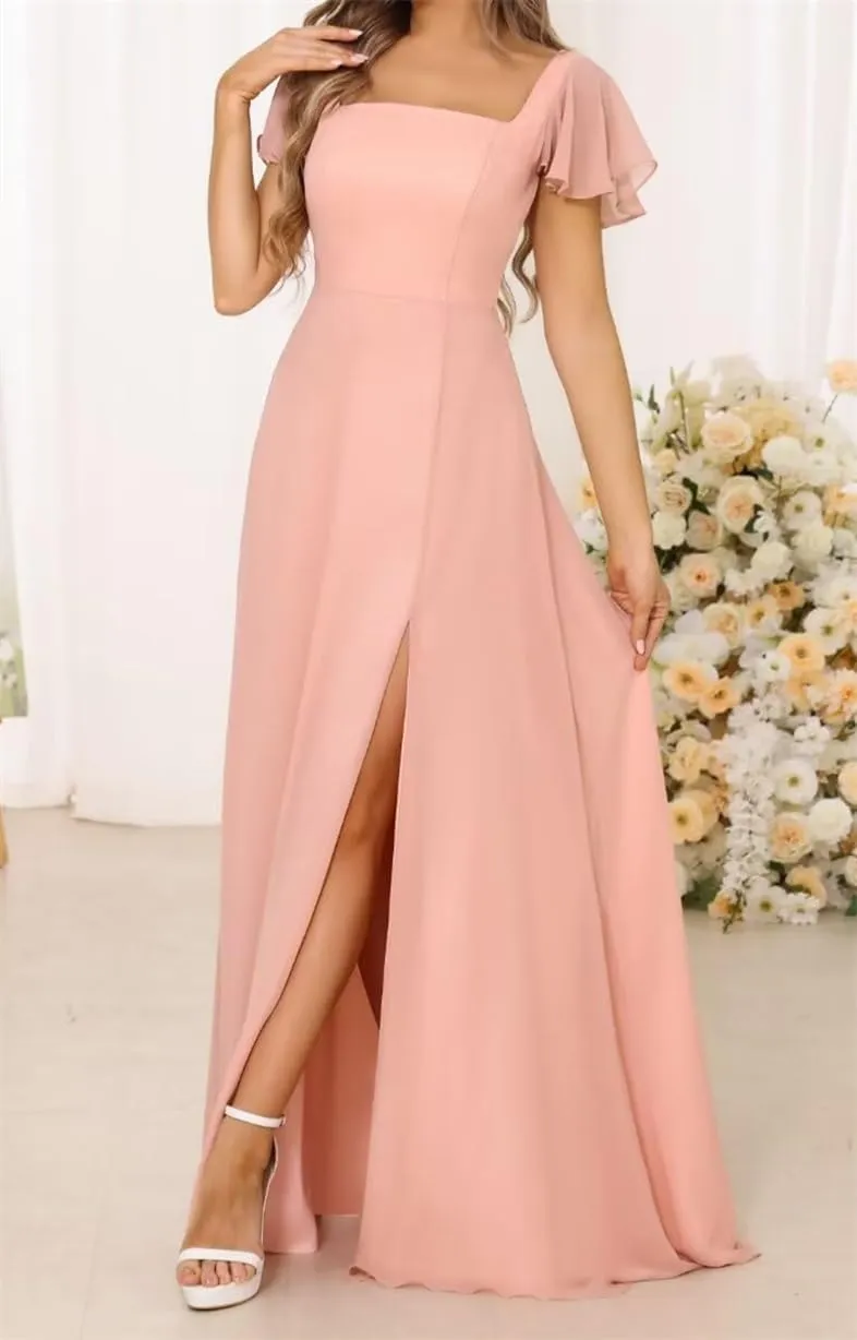 YRGERATON V Neck Chiffon Wedding Bridesmaid Dresses Short Sleeve Formal Evening Prom Princess Ball Gown with Slit JF343