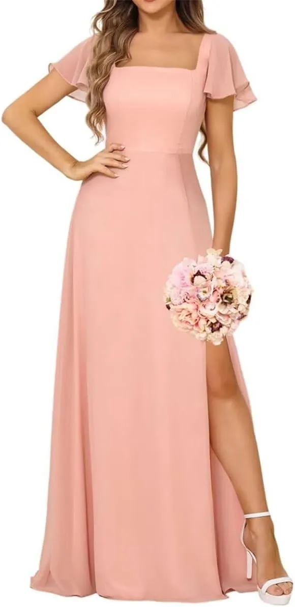 YRGERATON V Neck Chiffon Wedding Bridesmaid Dresses Short Sleeve Formal Evening Prom Princess Ball Gown with Slit JF343