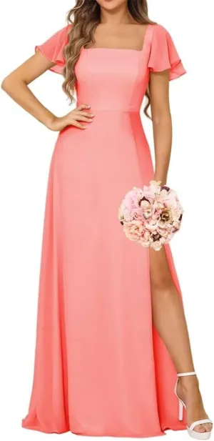 YRGERATON V Neck Chiffon Wedding Bridesmaid Dresses Short Sleeve Formal Evening Prom Princess Ball Gown with Slit JF343