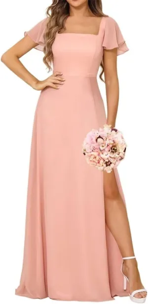 YRGERATON V Neck Chiffon Wedding Bridesmaid Dresses Short Sleeve Formal Evening Prom Princess Ball Gown with Slit JF343