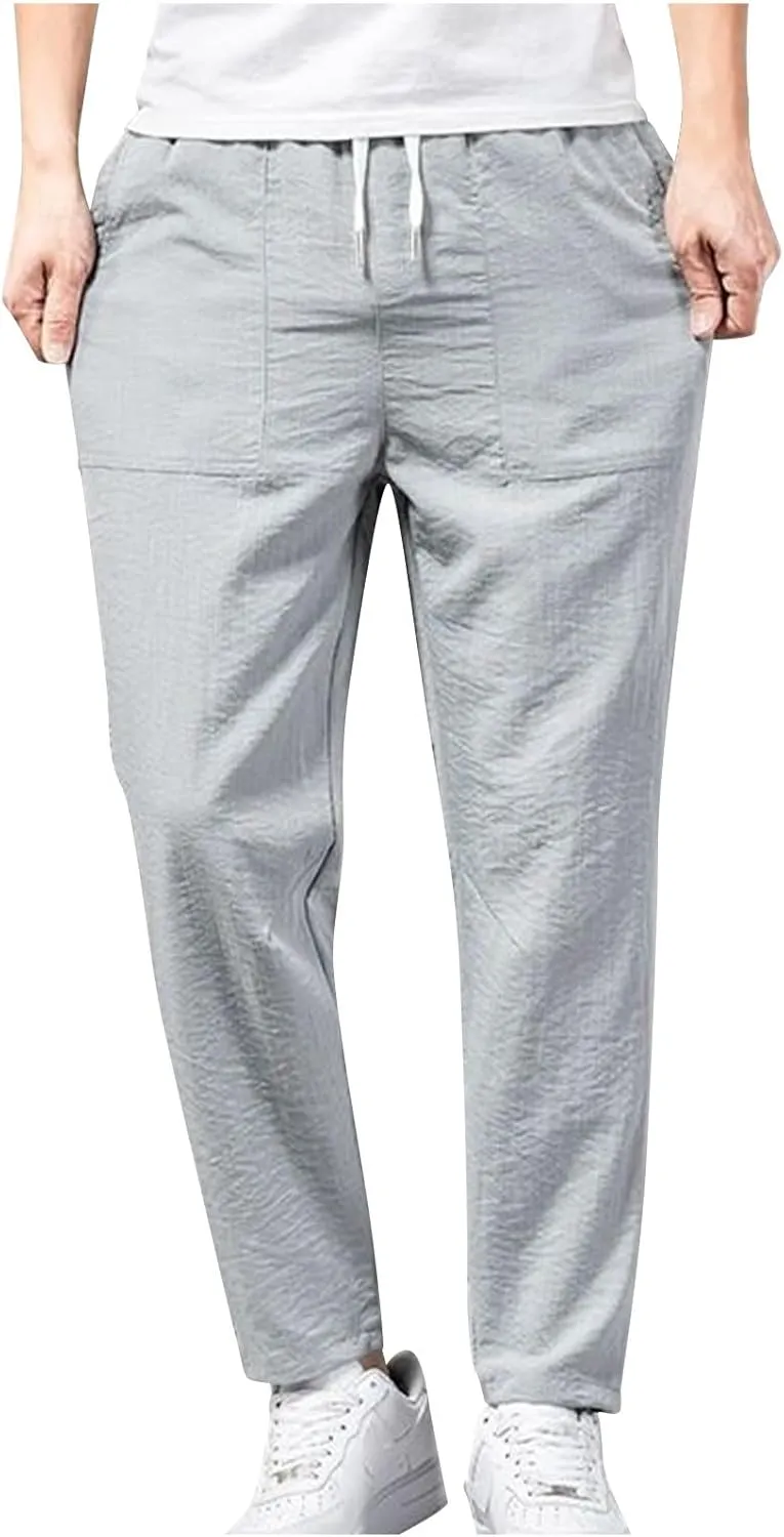 YUHGODO Straight-Leg Pants for Men Elastic Waist Drawstring Lightweight Comfy Trousers Slim-Fit Stretch Golf Pant for Work